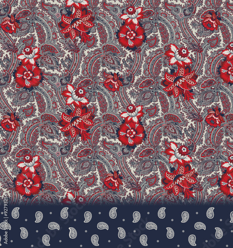 Colorful asian style floral pattern. Dark background floral tapestry. paisley pattern with traditional indian style, design for decoration and textiles.