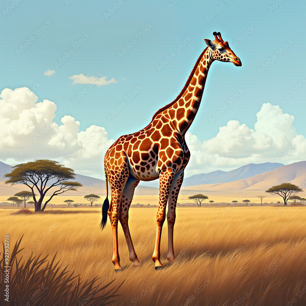 Obraz premium Elegant Giraffe Gracefully Grazing Amidst a Serene African Landscape Under a Clear Sky.
