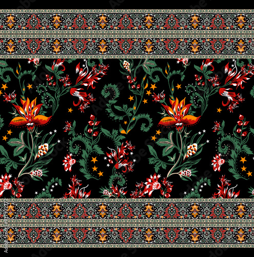 Colorful asian style floral pattern. Dark background floral tapestry. paisley pattern with traditional indian style, design for decoration and textiles