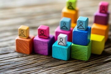 Vibrant blocks with people icons on wooden table   human resources management concept
