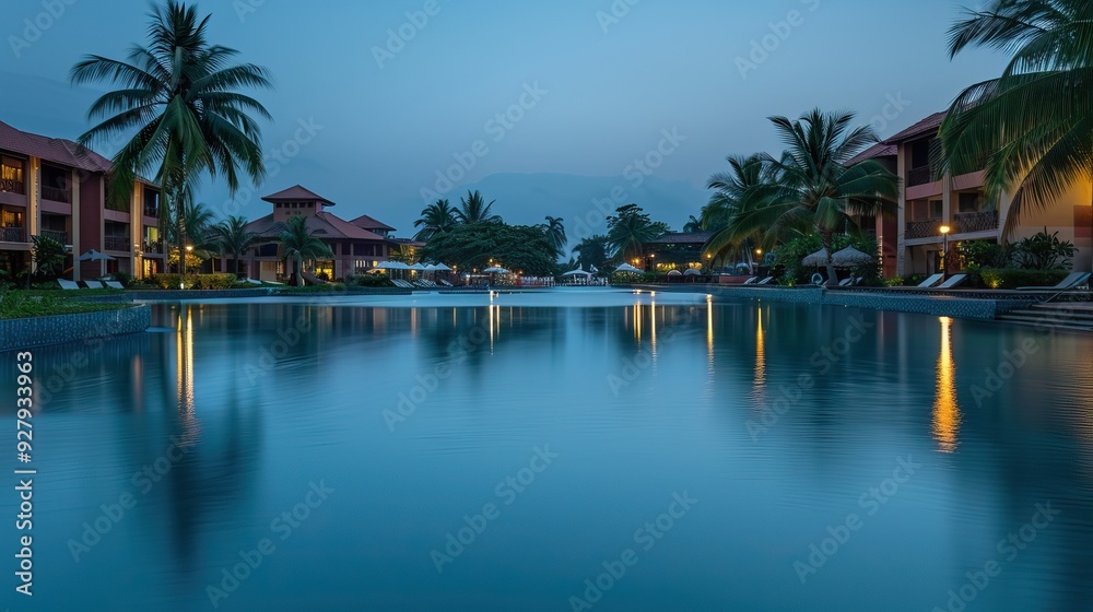 Obraz premium Tranquil Evening at a Luxury Resort with Palm Trees and Reflective Pool
