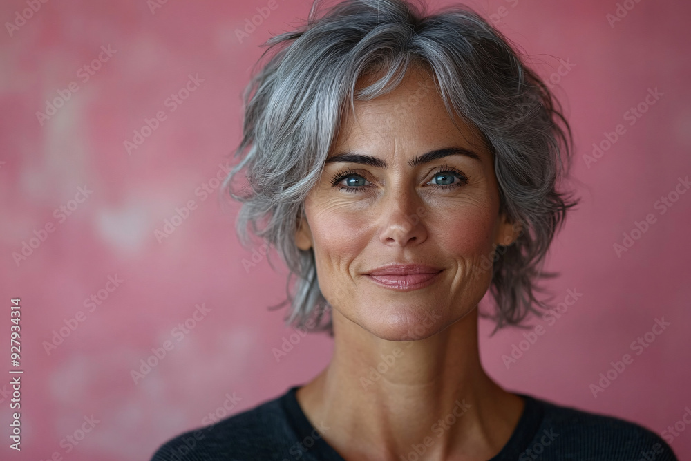 Fototapeta premium Mature woman with short grey hair looking at camera and smiling against pink background.