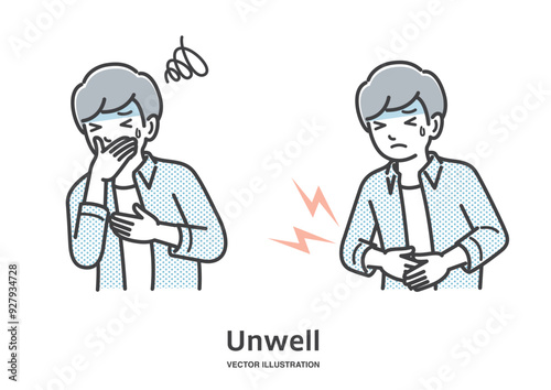腹痛、嘔吐の症状の若い男性イラスト