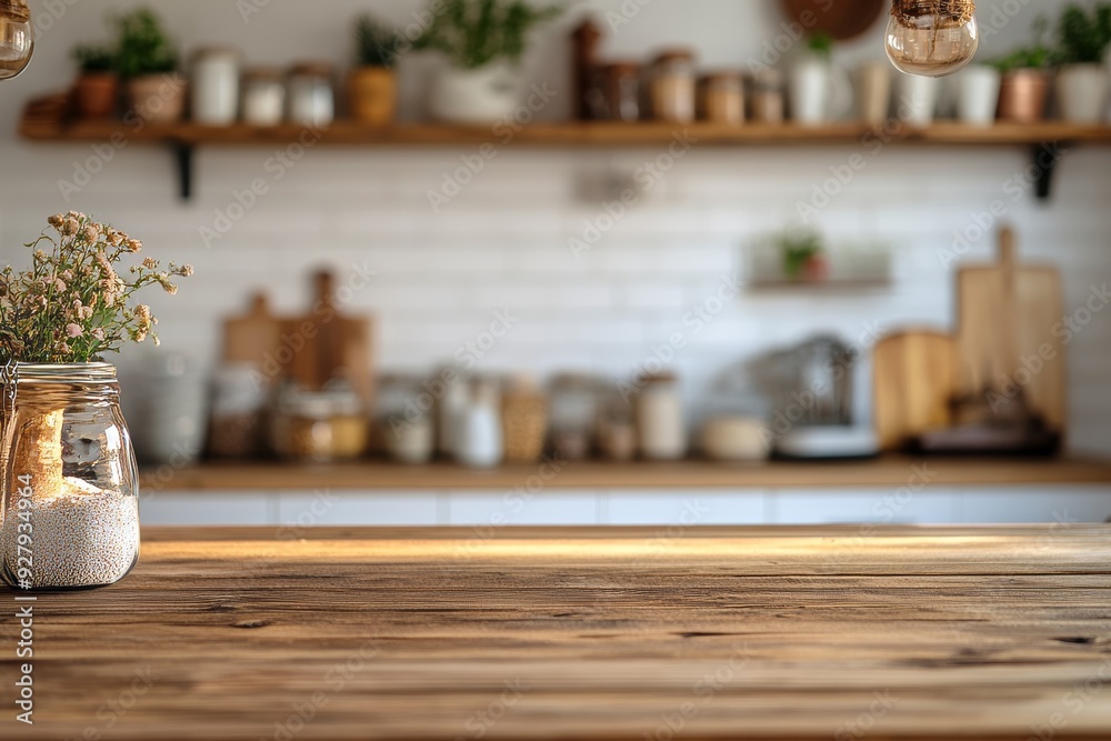 Modern culinary haven rustic elegance of empty wooden kitchen counter with cozy cooking space Modern culinary haven rustic elegance of empty wooden kitchen counter with cozy cooking space