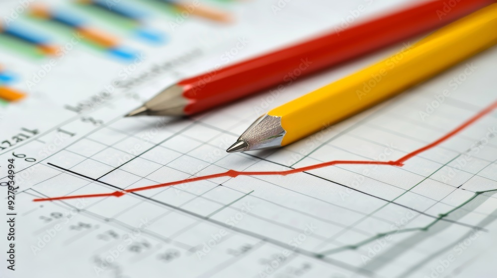 Financial Chart With Upward Trend Highlighted in Red, Two Pencils Resting on Paperwork Financial Chart With Upward Trend Highlighted in Red, Two Pencils Resting on Paperwork
