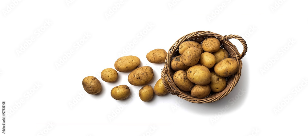 a basket of freshly picked potatoes still covered in dirt isolated on white background a basket of freshly picked potatoes still covered in dirt isolated on white background