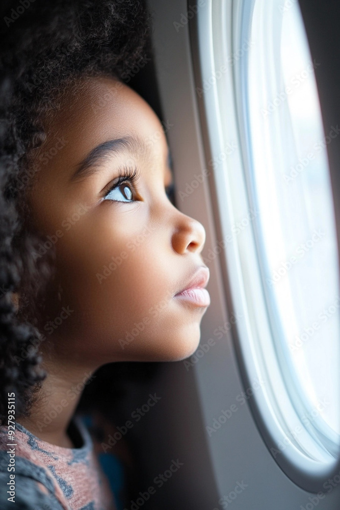 Diverse child gazing out of an airplane window during flight, kids and airplane travel concept Diverse child gazing out of an airplane window during flight, kids and airplane travel concept