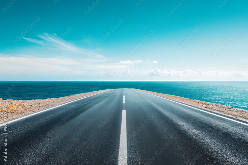 Asphalt road to ocean  summer travel landscape with blue sky, beach horizon, empty shore street
