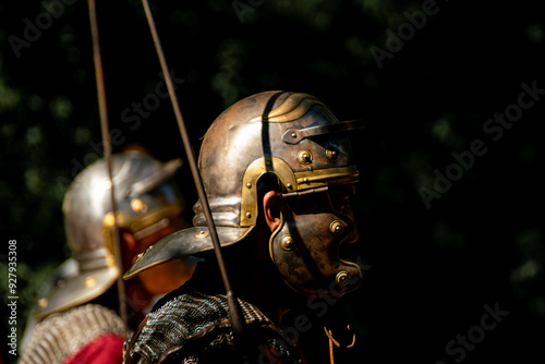 two roman legionaries in an act of historical recreation on the roman era, selective focus photo