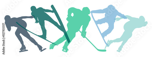 Winter Sports Association.Silhouettes of athletes of different winter sports.Horizontal banner for sports schools.Vector illustration isolated on white background.