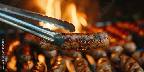 Metallic tongs holding grilled sausage in front of a barbecue with sausages photo