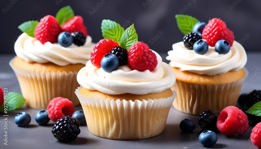 Cupcakes topped cream and fresh berries raspberries blueberries and blackberries 8 Cupcakes topped cream and fresh berries raspberries blueberries and blackberries 8