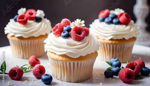 Cupcakes topped cream and fresh berries raspberries blueberries and blackberries 7