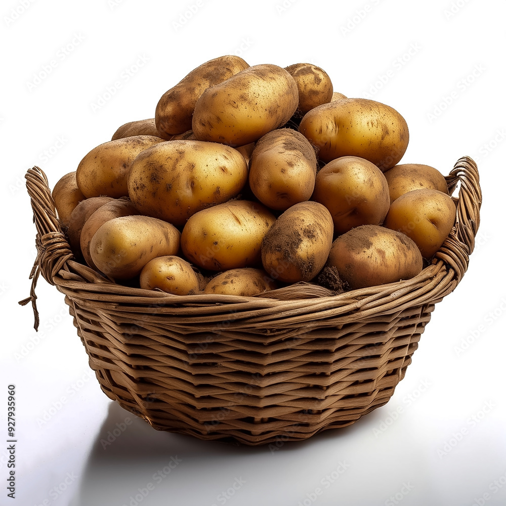 a basket of freshly picked potatoes still covered in dirt isolated on white background a basket of freshly picked potatoes still covered in dirt isolated on white background