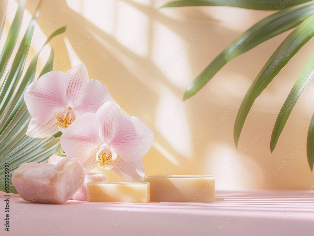 Orchid flowers and soap bars setup for natural spa products commercial photography banner display Orchid flowers and soap bars setup for natural spa products commercial photography banner display