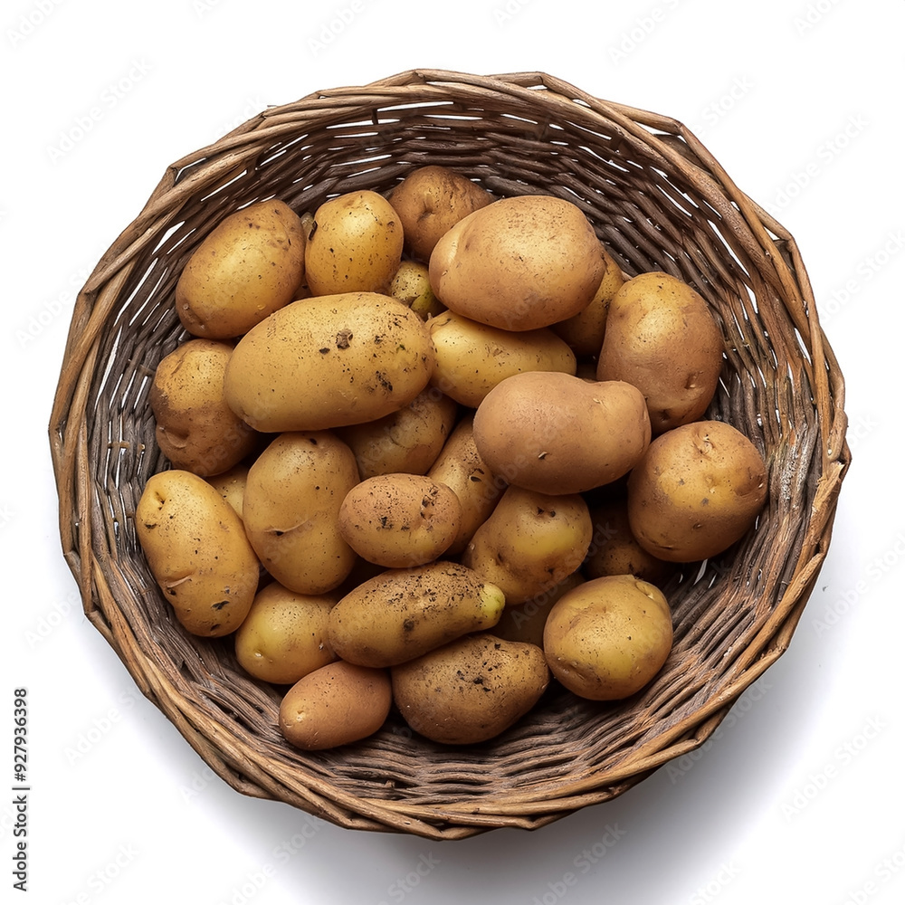 a basket of freshly picked potatoes still covered in dirt isolated on white background a basket of freshly picked potatoes still covered in dirt isolated on white background