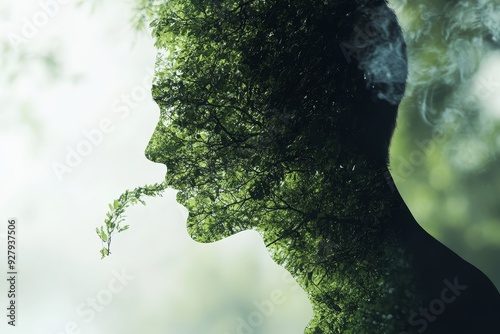 Man breathes pure oxygen from green tree, illustrating eco conscious harmony in nature photo