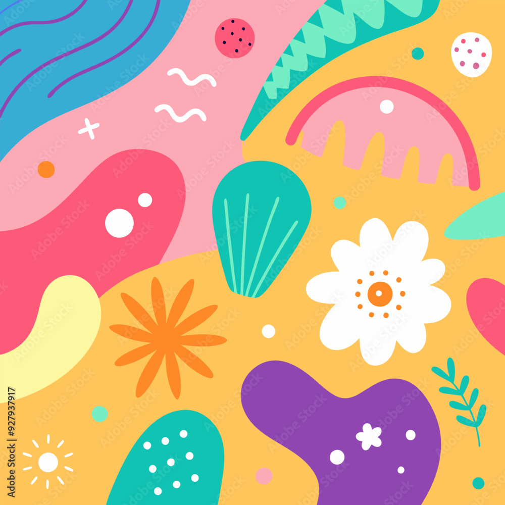 A vibrant and cheerful abstract pattern featuring colorful shapes, flowers, and leaves. Perfect for adding a touch of fun and whimsy to your designs, patterns, and more. A vibrant and cheerful abstract pattern featuring colorful shapes, flowers, and leaves. Perfect for adding a touch of fun and whimsy to your designs, patterns, and more.