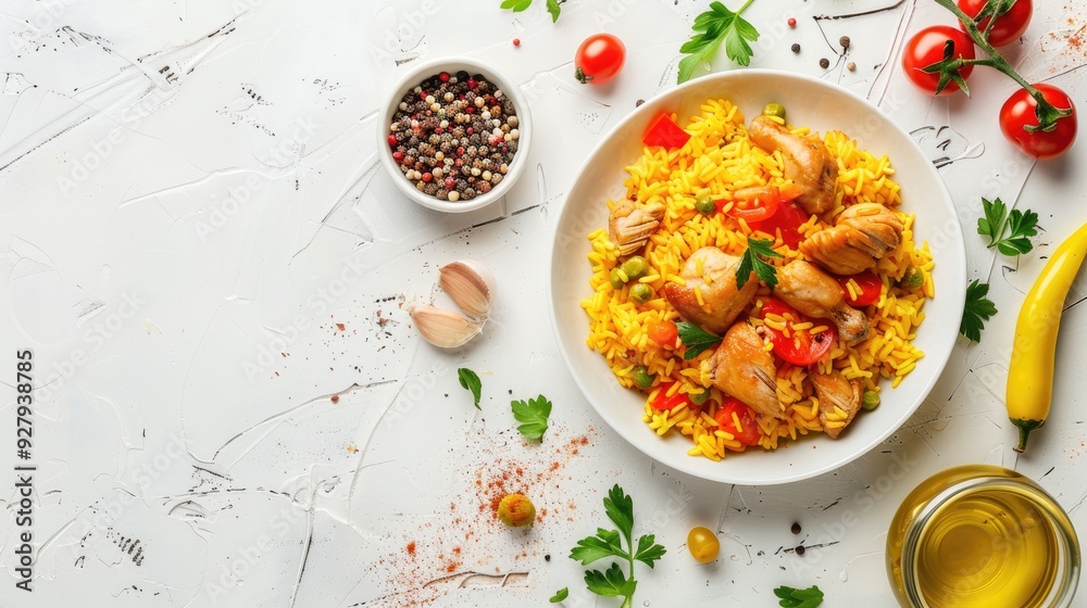 Top view of yellow rice with chicken and vegetables on white background with space for text