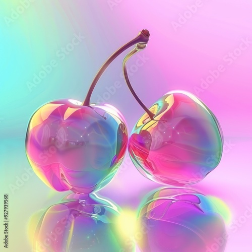 Two glossy, colorful cherries with a reflective surface against a vibrant background.