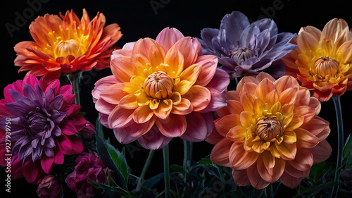 Colorful flowers with delicate petals, sharply contrasted against a mysterious black smoky background, emphasizing their radiant beauty.