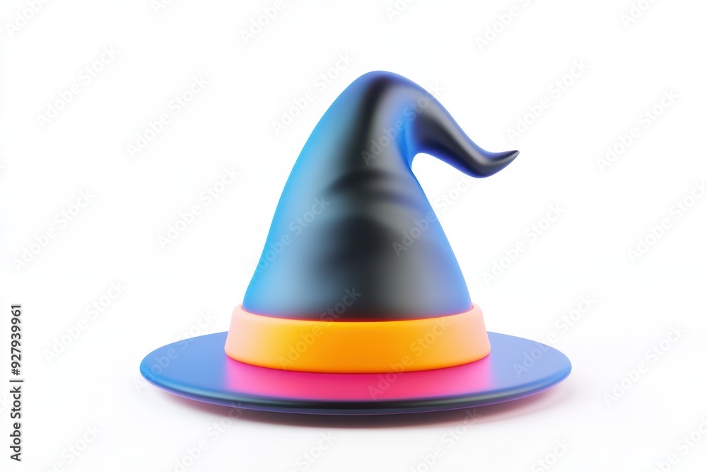 Naklejka premium A colorful witch hat with a vibrant brim, resting on a white surface, captures the essence of Halloween and magic. Generative AI