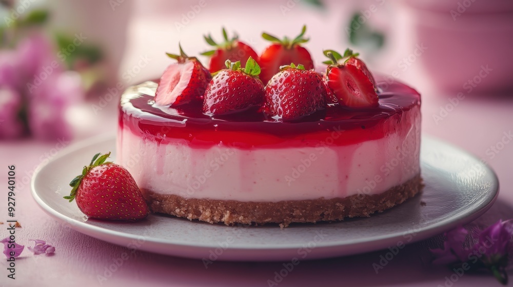 A piece of delicate strawberry cheesecake with jelly on an elegant plate. A piece of delicate strawberry cheesecake with jelly on an elegant plate.