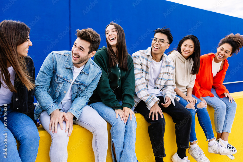 Obraz premium Young group of happy student friends having fun hanging out together sitting outside. Youth community concept