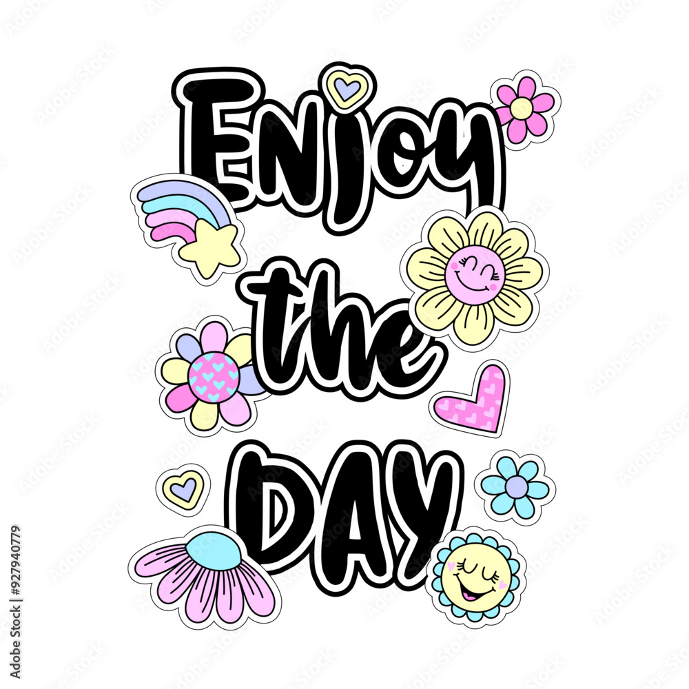 Obraz premium Design for t-shirts with cute stickers and slogan. Lettering word and badges for girl. Fashion illustration in modern style for clothes on white background.
