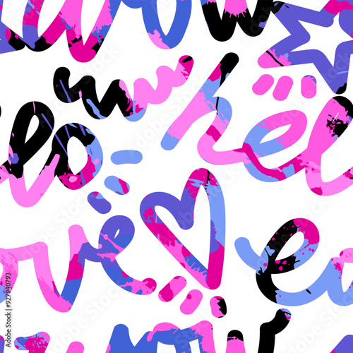 Abstract seamless chaotic pattern with hand draw words. Cute texture background. Wallpaper for girl. Fashion girly style