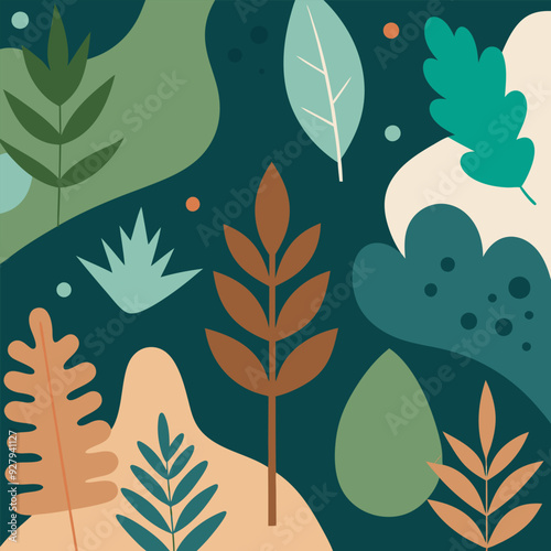 A vibrant and abstract illustration featuring various foliage shapes and colors.  Perfect for adding a touch of nature to your design projects, this graphic is ideal for backgrounds, patterns. photo