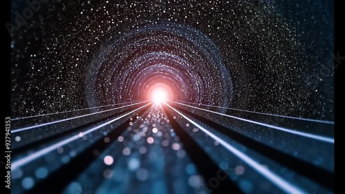 Starlit Cosmic Tunnel with Vanishing Point and Glowing Light in Infinite Space