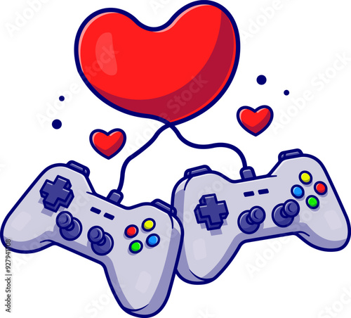 Playing video games as a couple with a red heart