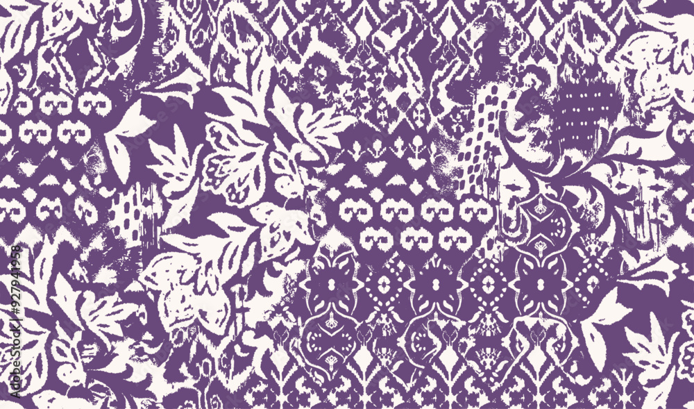 Patchwork floral pattern with ikat style and hand made motifs. damask style pattern for textil and decoration. Patchwork floral pattern with ikat style and hand made motifs. damask style pattern for textil and decoration.