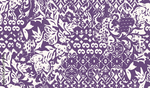 Patchwork floral pattern with ikat style and hand made motifs. damask style pattern for textil and decoration.