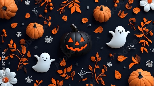 Festive Halloween illustration with pumpkins, ghosts, and autumn leaves on a dark background, capturing the spirit of the holiday. Generative AI