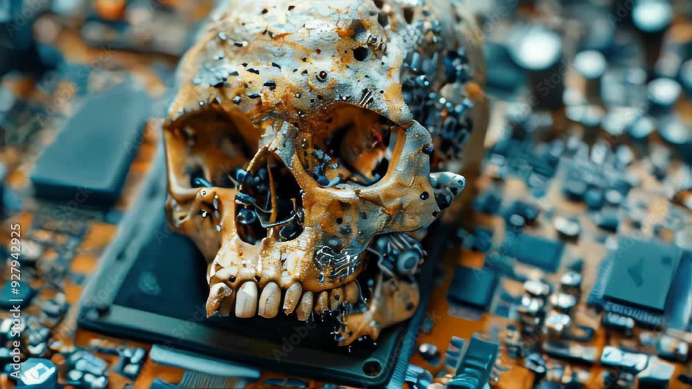 A metallic skull resting on a computer chip, symbolizing cyber threats or hacking