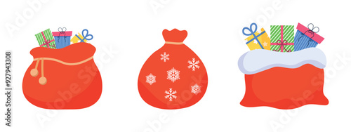Bags with gifts from Santa Claus. New Year attributes.