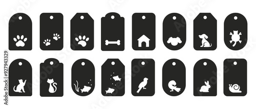 Set of 16 gift tags shapes with pet animals and dog paw. Vector templates for cutting. Craft paper and cardboard discount label cut files. Name cards