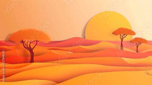 Digital illustration of an African desert landscape at sunset, featuring acacia trees and sand dunes. Ideal for businesses in travel, eco-tourism, and environmental education, emphasizing the beauty 