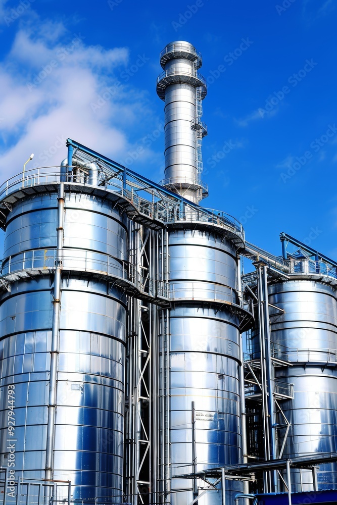 Large industrial plant showcasing wood pellet storage silos and a prominent smokestack Large industrial plant showcasing wood pellet storage silos and a prominent smokestack