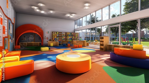 Colorful Kids Library Interior With Large Windows.