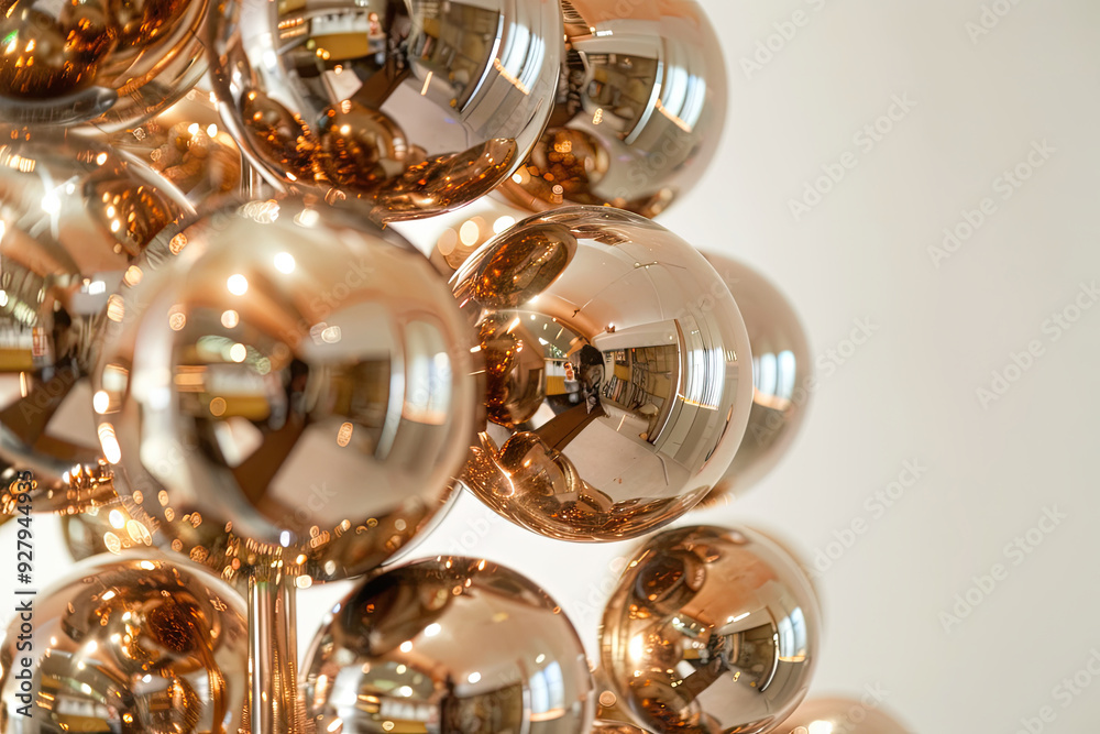 Closeup View of Reflective Golden Metallic Spheres in a Modern Decorative Cluster Closeup View of Reflective Golden Metallic Spheres in a Modern Decorative Cluster