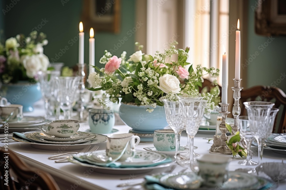 A dining table elegantly set with blue and white china, creating a charming atmosphere for dinner.
A dining table elegantly set with blue and white china, creating a charming atmosphere for dinner.