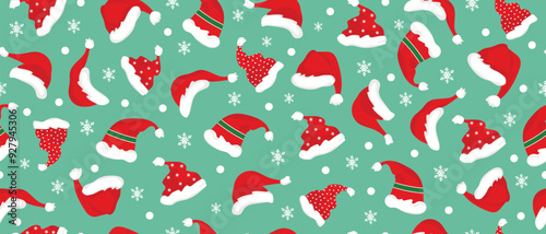 Hand drawn Christmas seamless pattern with Santa hats, great for textile, banners, wallpaper, packaging.