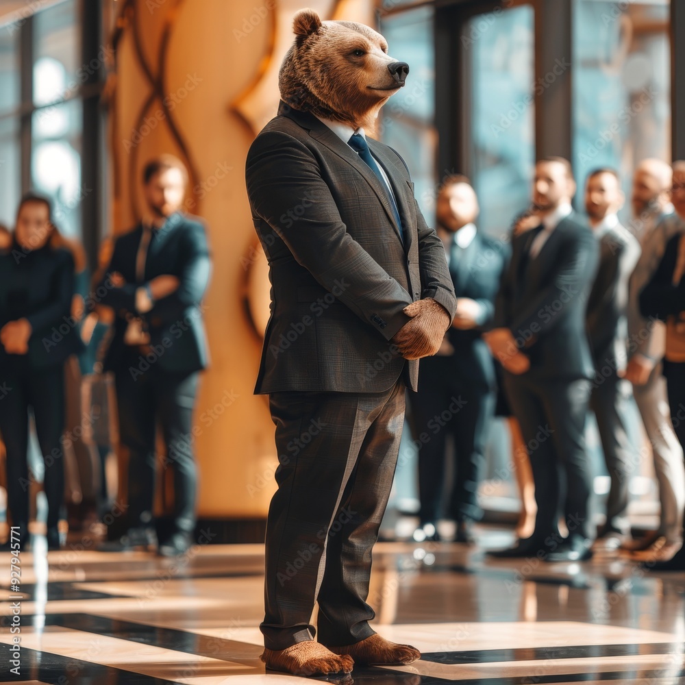 Bear in a Suit Standing Amongst Business People. Anthropomorphic, Funny, Finance Market. Bear in a Suit Standing Amongst Business People. Anthropomorphic, Funny, Finance Market.