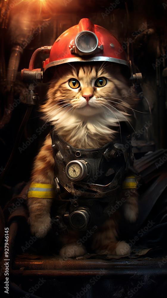 A whimsical depiction of a cat dressed as a miner or fireman, complete with a helmet and safety gear, in a dark industrial setting, ideal for creative or humorous themes in pet care or safety equipmen A whimsical depiction of a cat dressed as a miner or fireman, complete with a helmet and safety gear, in a dark industrial setting, ideal for creative or humorous themes in pet care or safety equipmen