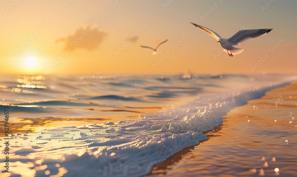 Naklejka premium summer beach scene with waves and beautiful sun sky view Generate AI
