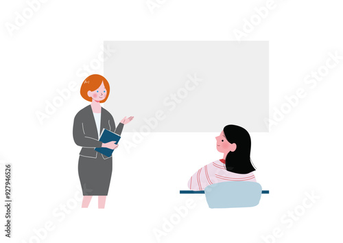 ホワイトボードの横で授業をする英会話講師の女性と授業を聞く女の子のイラスト
