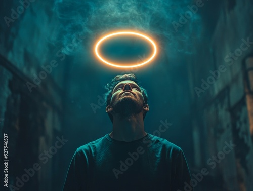 Modern technology meets spiritual symbolism  man with glowing halo in mystical setting photo